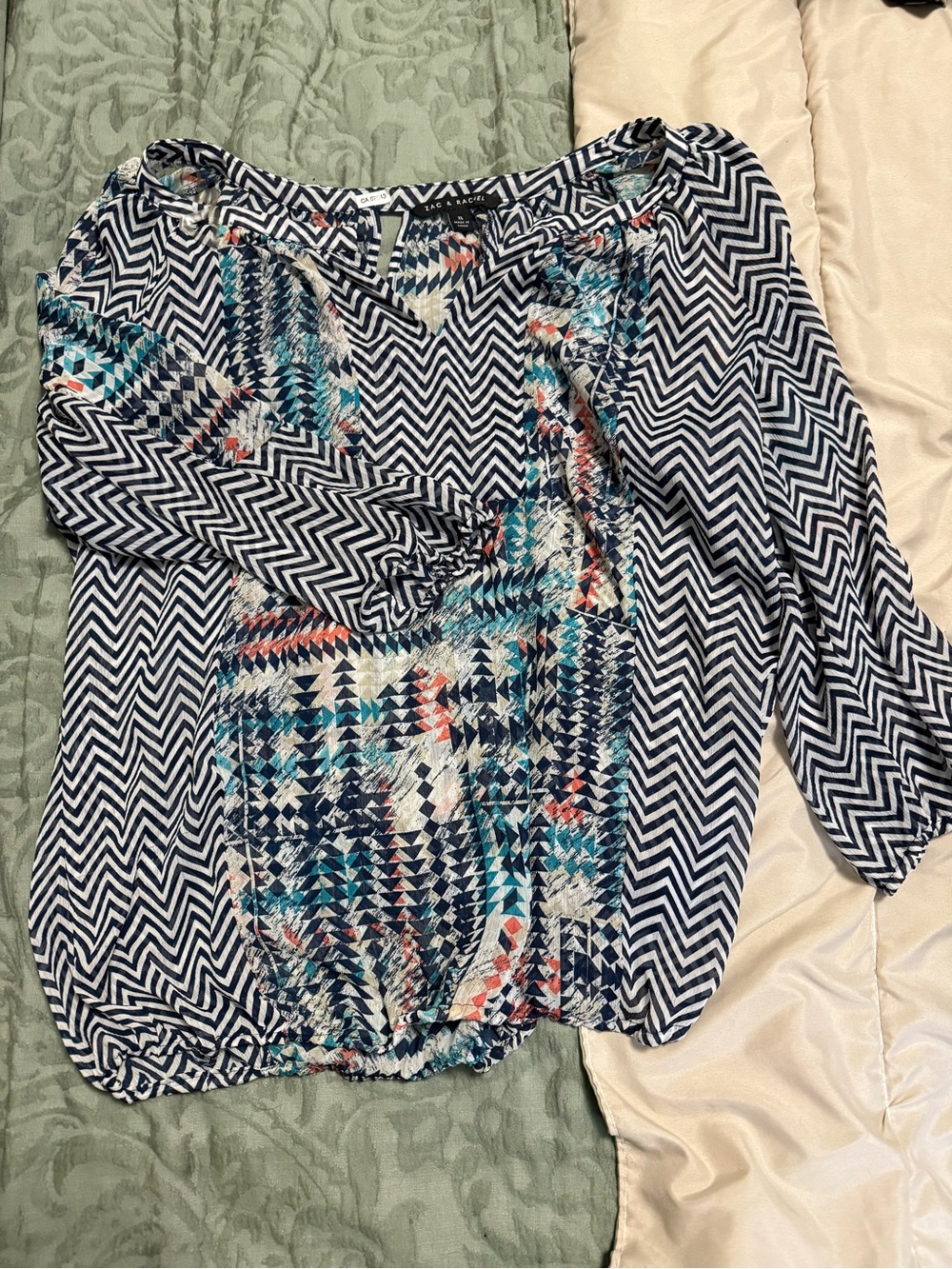 Zac & Rachel Navy Chevron Mixed-Print Blouse with Teal and Coral Accents